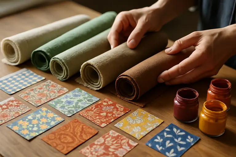 Cotton, felt, canvas, and sheer fabric samples laid out for review