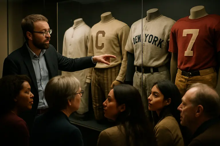 Curated display of sneakers, garments, and artwork under soft museum lighting