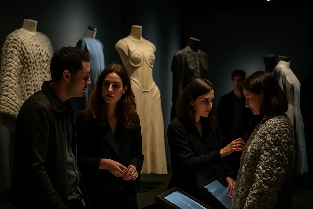 Eckhaus Latta exhibit retail gallery with clothing racks and sculptural mirrors