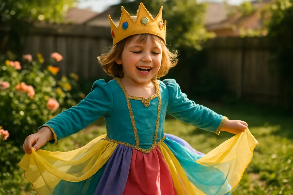 fairytale costumes arranged beside craft materials and small storage baskets