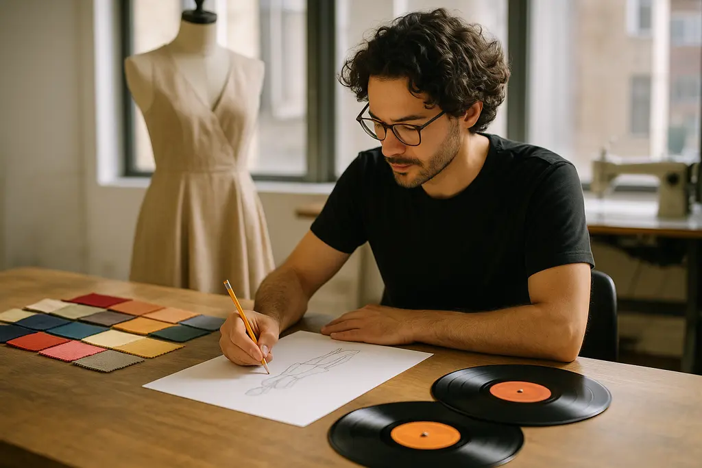 Fashion Music Copyright concept with clothing samples and headphones on a studio table