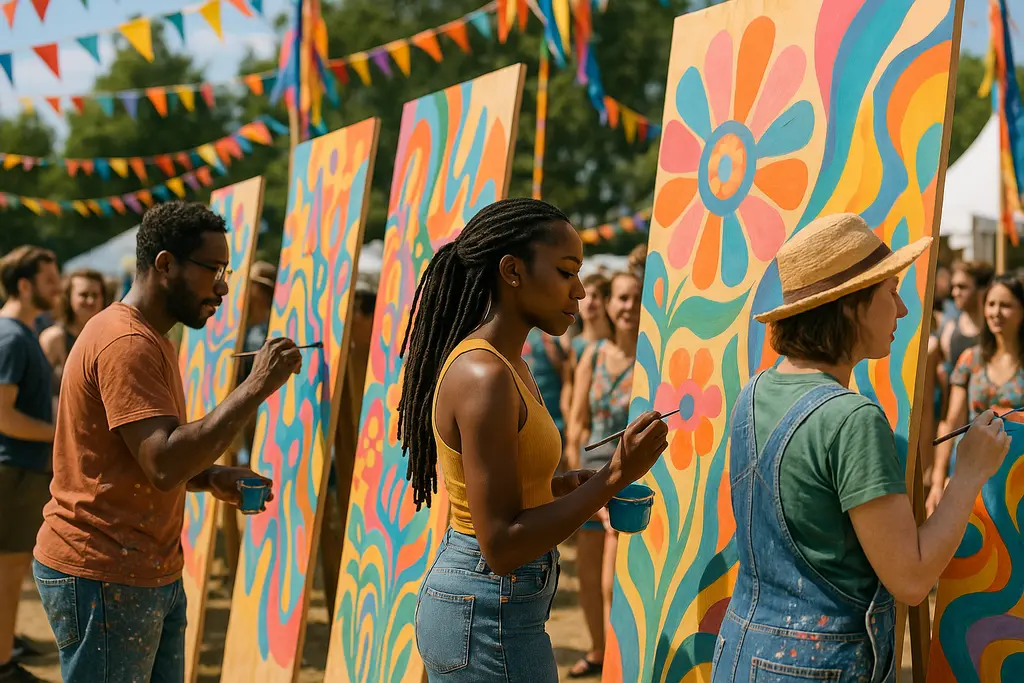 Festival Art Patterns sketched beside fabric swatches and sewing tools
