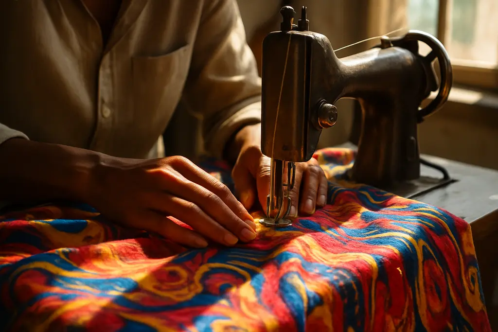 handmade fashion brands display stitched textiles, dyed fabric, and artisan tools on a worktable