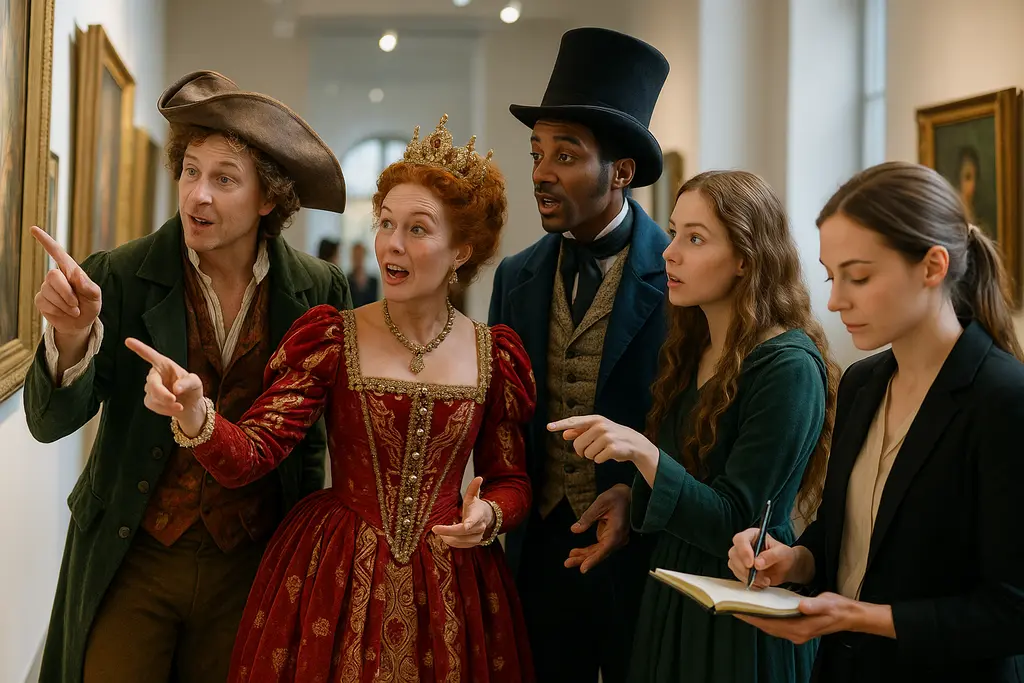 literary costumes arranged with books, map fabric, and annotated costume pieces
