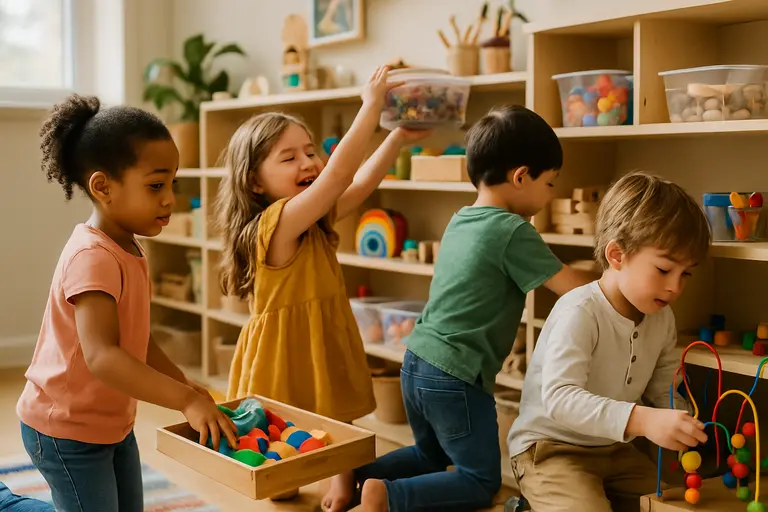 Low baskets and open cubbies filled with costumes, blocks, and books