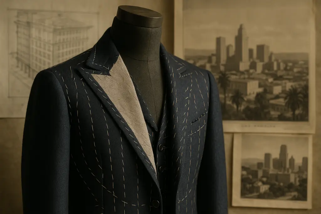 Paul R. Williams Fashion mood board with structured coat sketches and Los Angeles architecture references