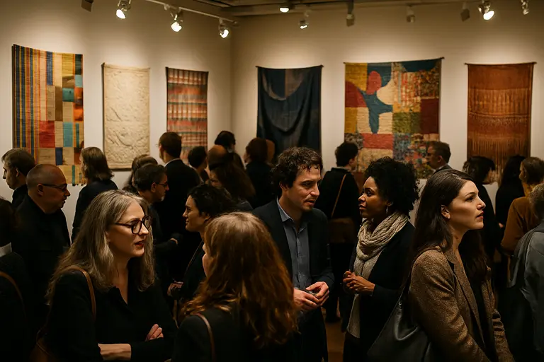 Visitors gathered near a textile installation during a gallery program