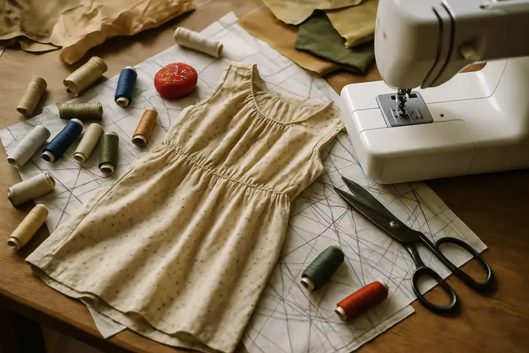 Blazer sleeve, contrast fabric strips, pins, and sewing tools on a table