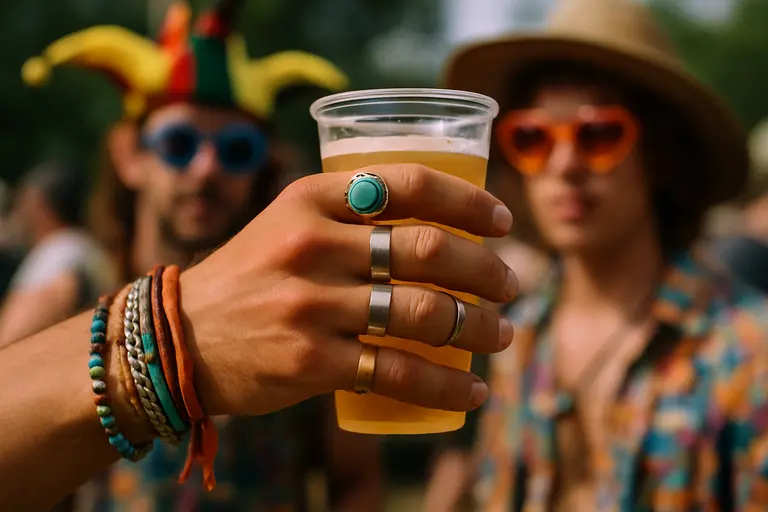 Close view of novelty hats, sunglasses, belts, and clipped sprouts on festival outfits