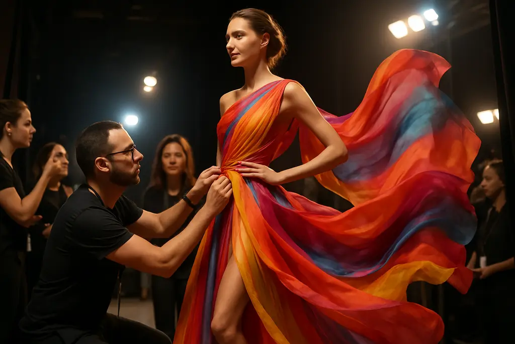 Creator Rights Fashion display with dress forms, sketchbooks, and textile samples