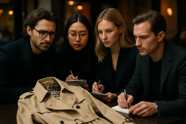 Designer examining a trench collar and belt construction on a worktable