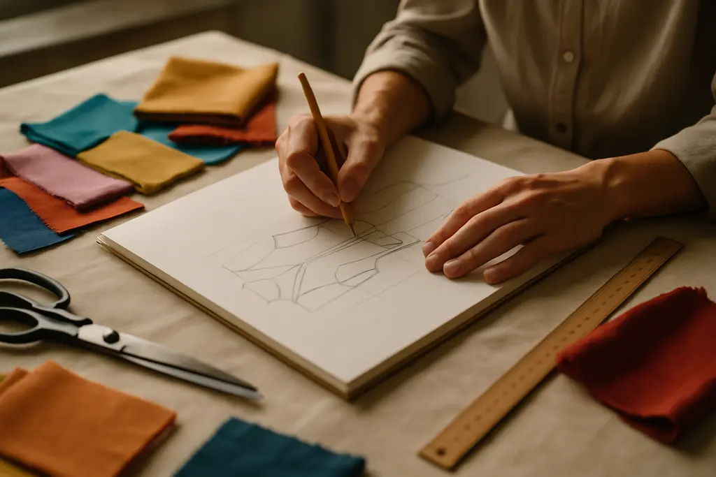 dream costume patterns sketched beside muslin, veils, and sculptural fabric pieces