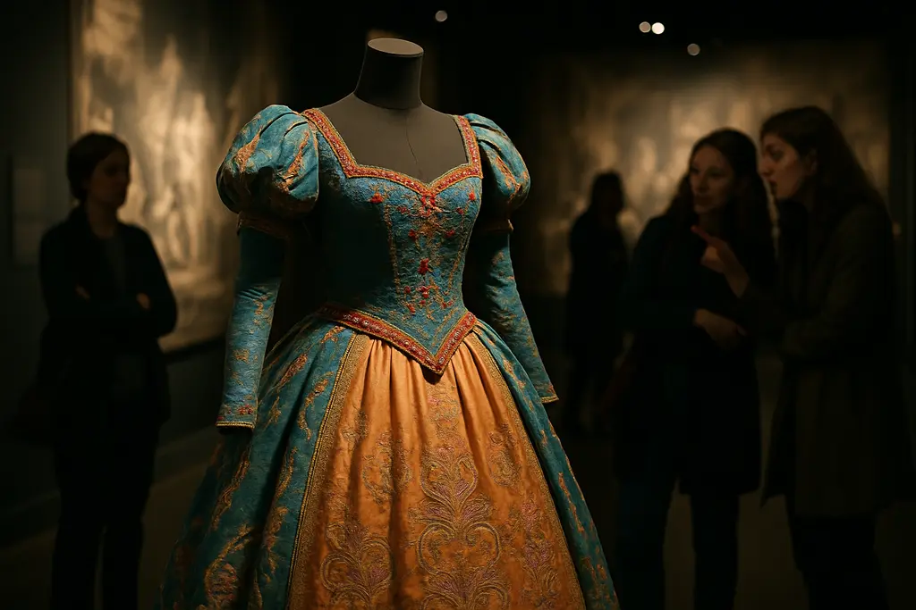 fairytale costumes beside a classic trench coat on a museum display rail