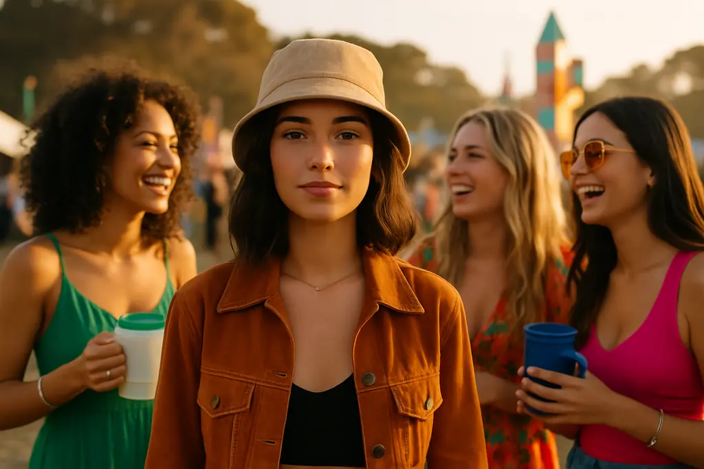 Festival fashion brands pop-up booth with jackets and handmade accessories at an outdoor music event