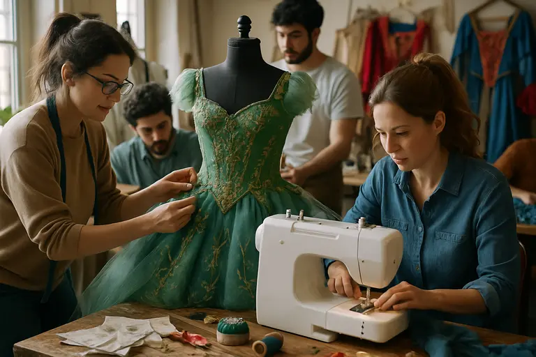 Handmade cape, felt crown, scissors, and thread on a sewing table