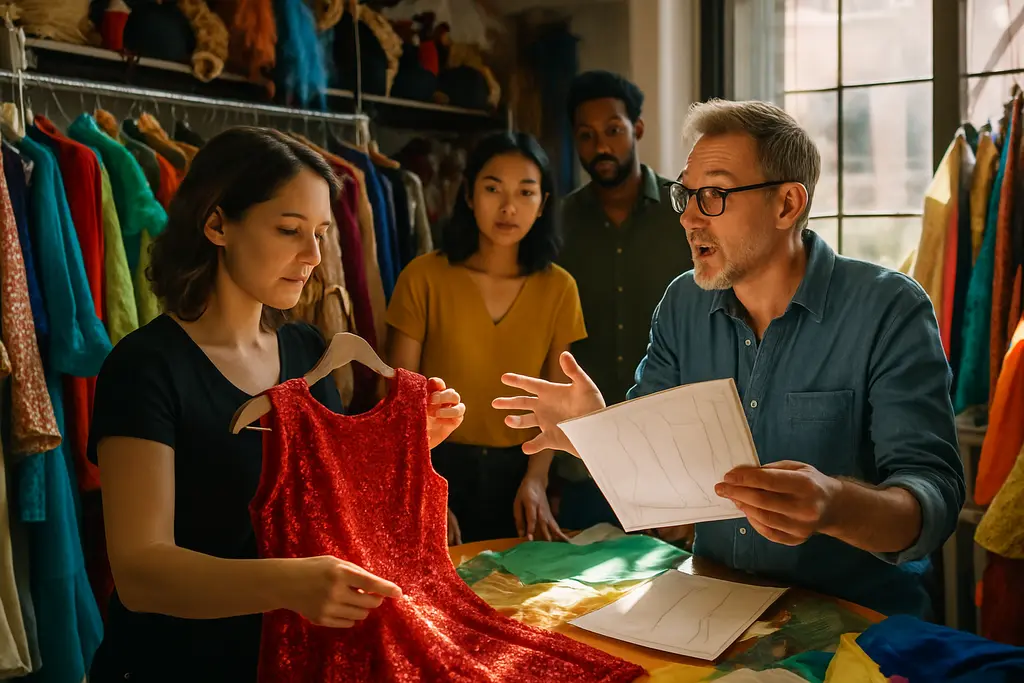 INFORM Act Enforcement paperwork beside costume sketches, thread, and fabric swatches