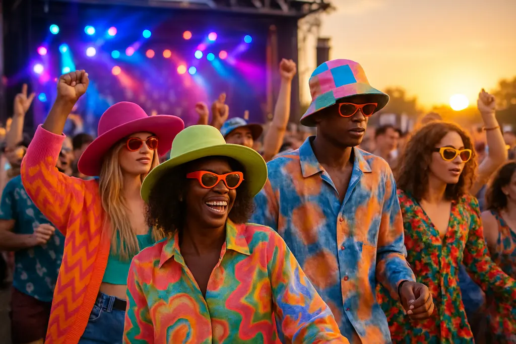 Live-Event Fashion looks with jerseys, ribbons, and festival-ready layers near a summer stage