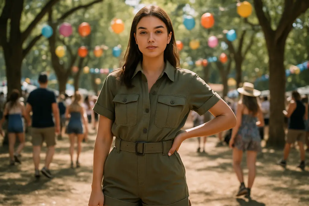 Utility Festival Fashion layers with boots and denim in a cool park setting