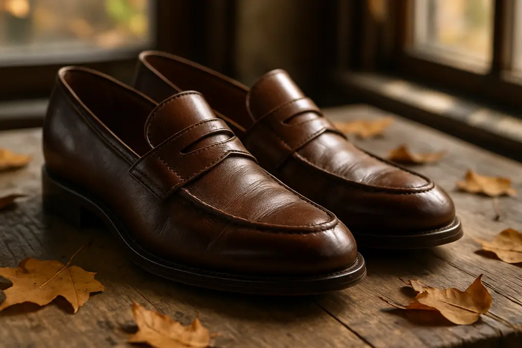 Vintage footwear with ballet flats and lace-up jazz shoes arranged on a studio floor