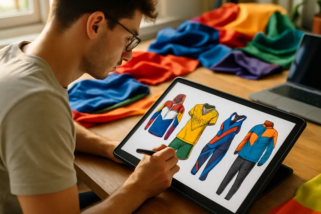 AI Creator Commerce concept with sportswear photos, consent forms, and design sketches on a studio table