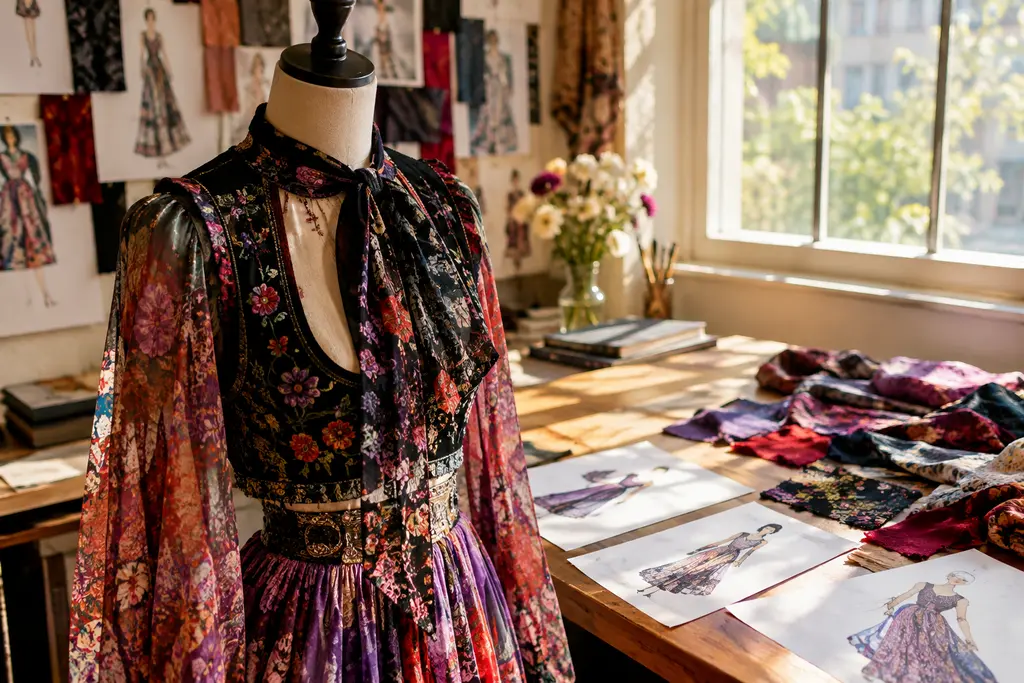 Anna Sui Archetypes shown through layered lace, florals, punk boots, and Victorian sleeves on a studio rail
