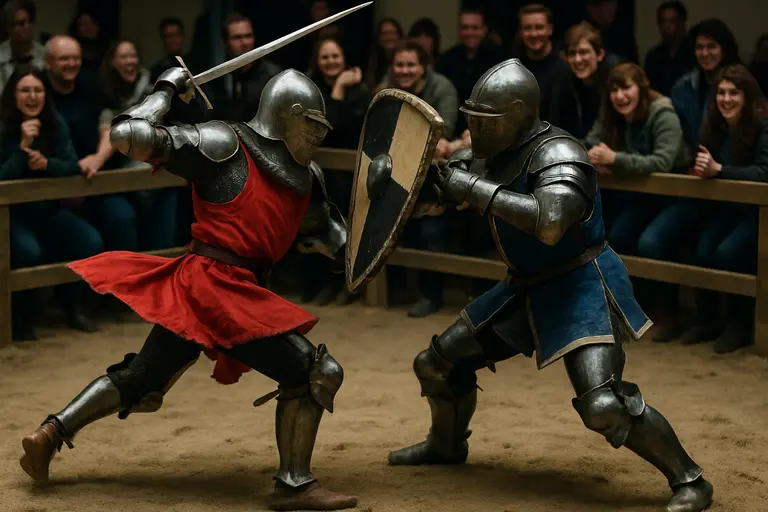 Armored performers demonstrating movement near a convention audience