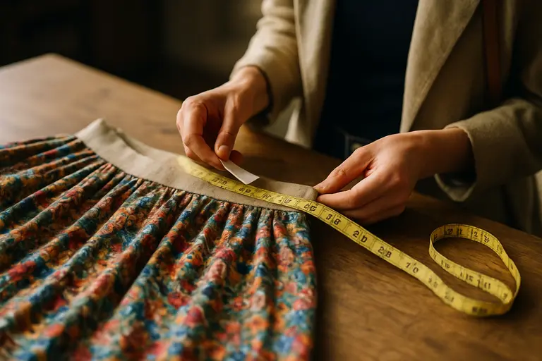 buyer checking measurements beside a handmade skirt and measuring tape