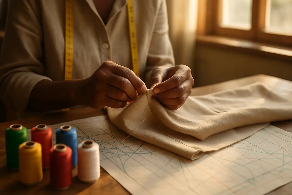 Cahoon Costume Patterns sketched beside shells, fabric swatches, and pearl trim