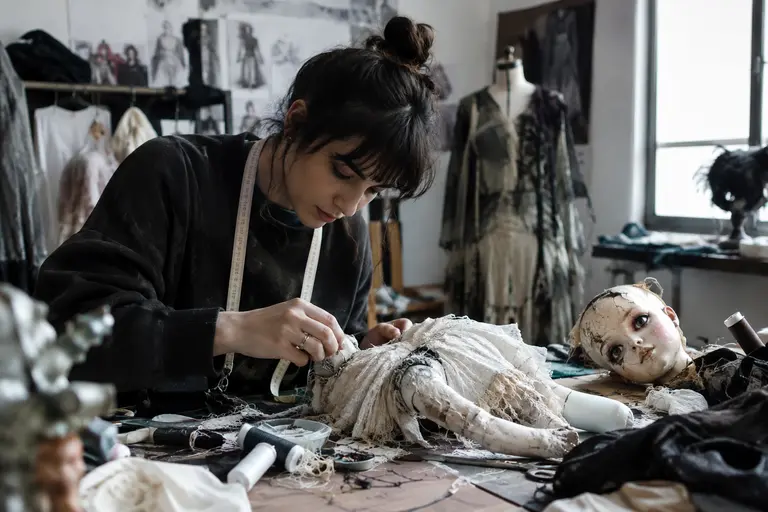 Costume details with frayed lace, uneven ribbons, and a stiff collar