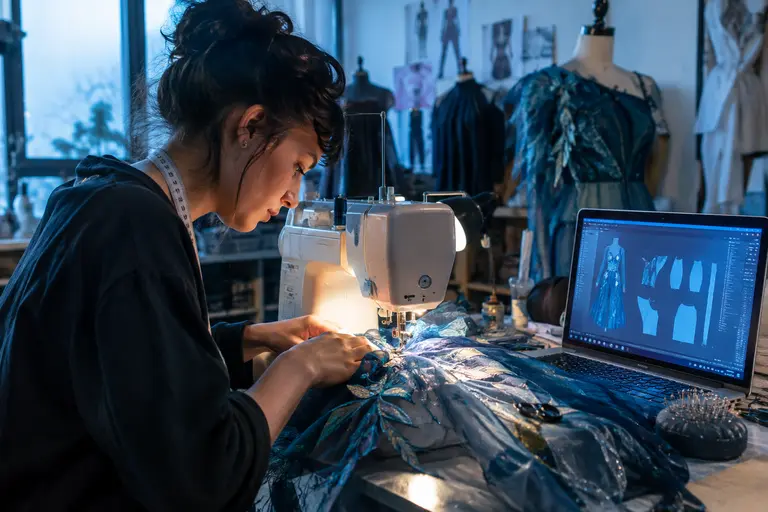 Digital artwork and handmade textile samples studied side by side