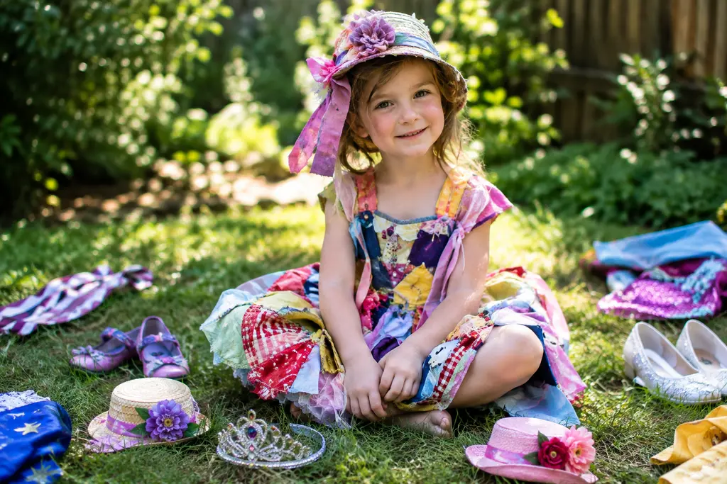 DIY Dress-Up Ideas with thrifted fabric, doll-like collar, ribbon, and sketchbook on a worktable
