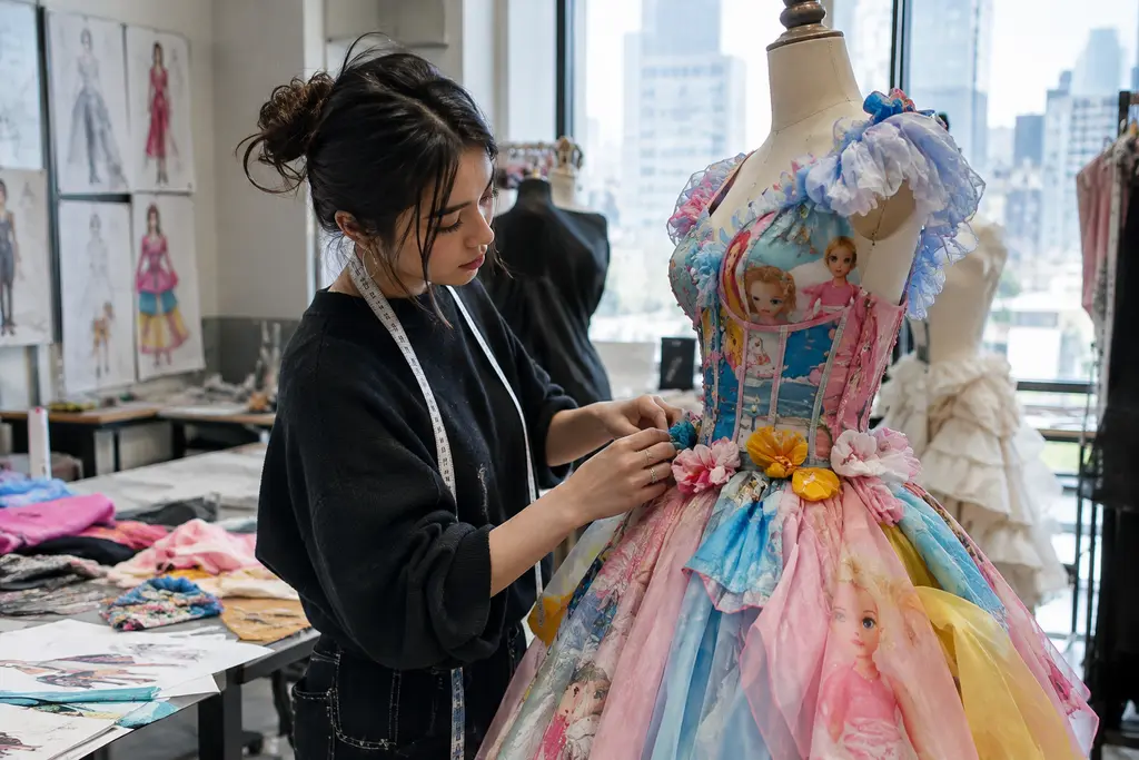 Doll Culture Fashion display with miniature dresses beside full-size runway silhouettes