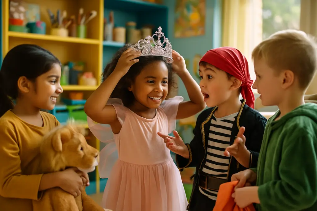 Dress-Up Play Benefits shown through handmade capes, masks, and sketchbooks on a craft table