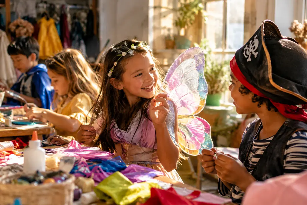 Dress-Up Play Benefits shown through handmade capes and sketchbooks on a workshop table