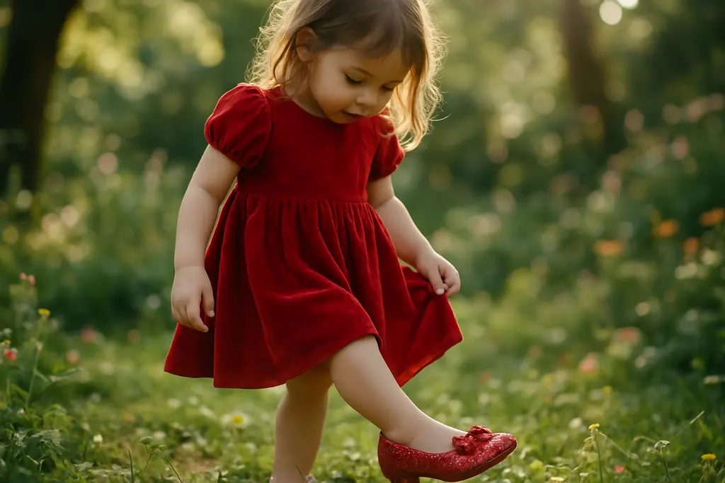 fairytale costume design study with red shoes, fabric swatches, and playroom storage bins