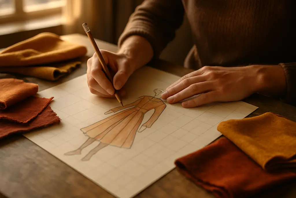 Fall Costume Patterns on a worktable with brocade swatches, sleeves, and paper blocks