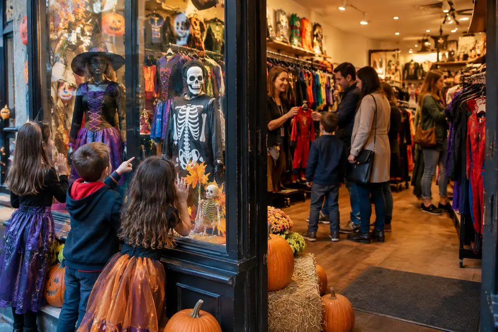 Halloween Costume Trends costume pieces arranged with fabric, masks, and sewing tools on a worktable