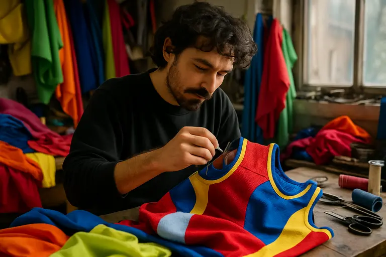 Handmade costume pieces and activewear samples laid out in a creative studio
