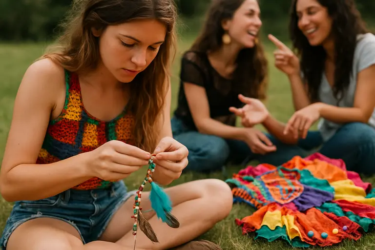Handmade festival accessories with bracelets, fuzzy bag, and altered thrift pieces