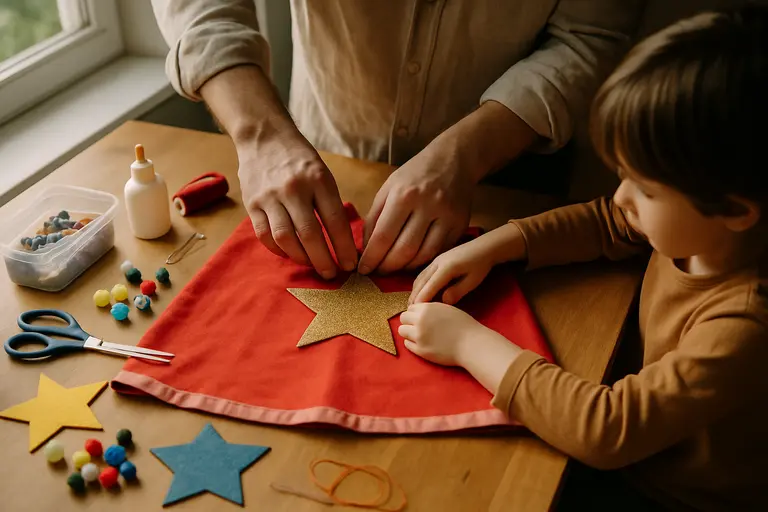 Hands arranging fabric swatches, bows, and a small paper costume pattern
