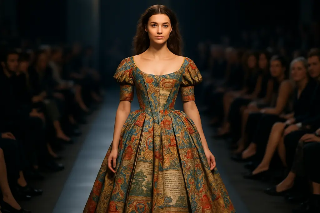 Literary Costumes shown through books, runway seating, and dramatic fashion styling