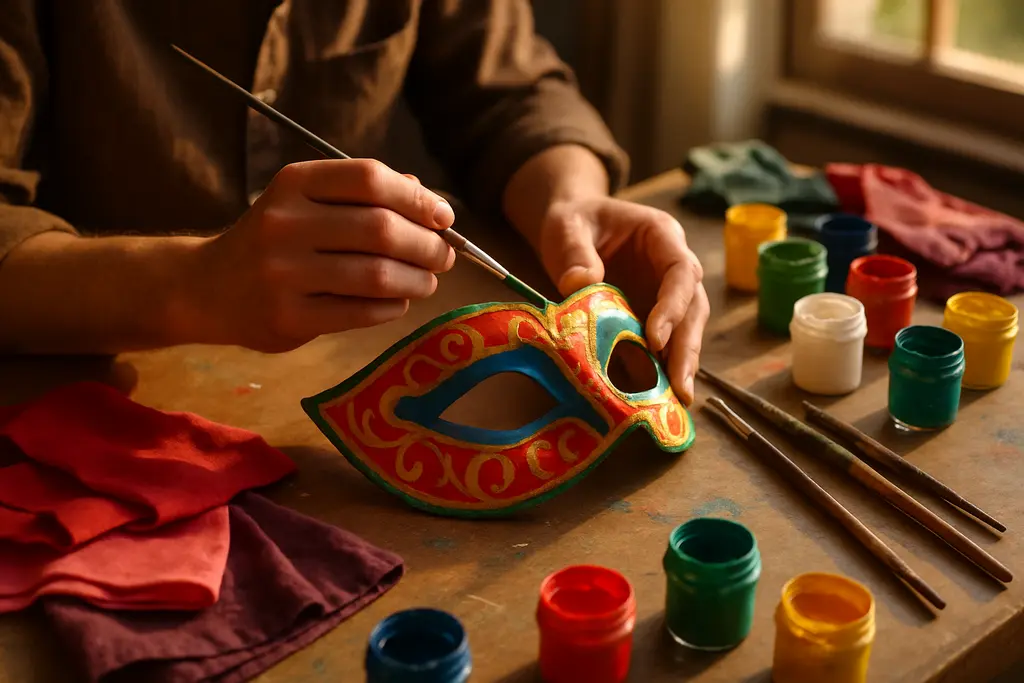 Masquerade Art Patterns shown as fabric masks, yoke drafts, and stitched textile samples