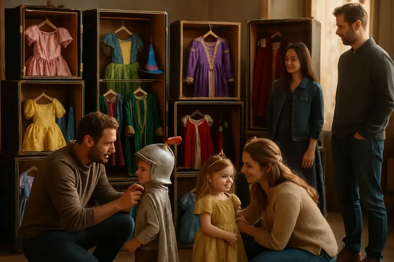 Neatly sorted children’s capes, crowns, and soft costumes in open playroom storage