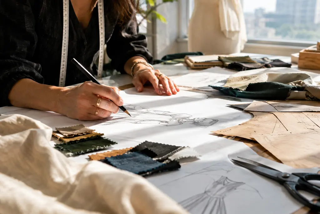 Paris Couture Patterns sketches with fabric swatches, beads, and sheer floral samples