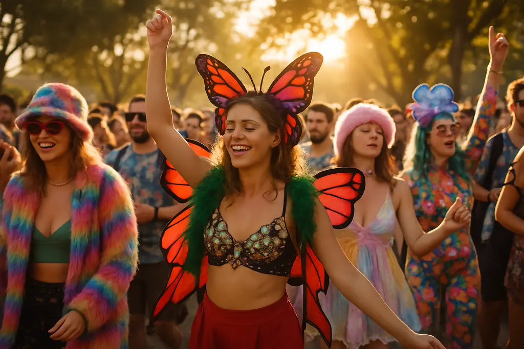 Portola Festival Costumes with metallic accessories, animal print, and layered black clothing