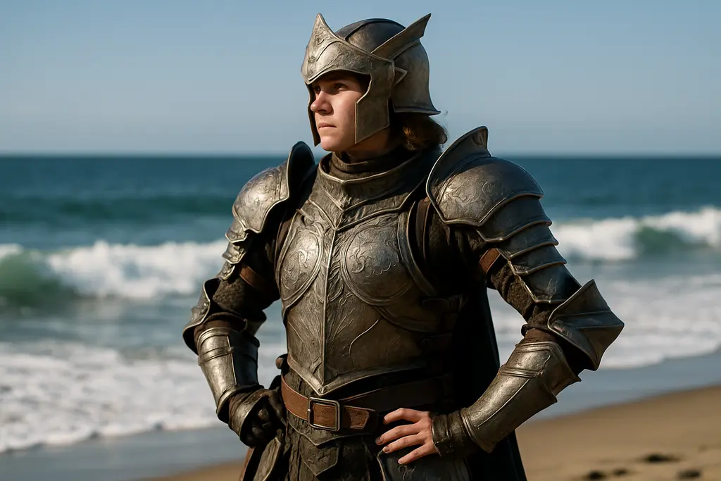 PropCon cosplay armor display with helmets, gauntlets, and chainmail on a vendor table