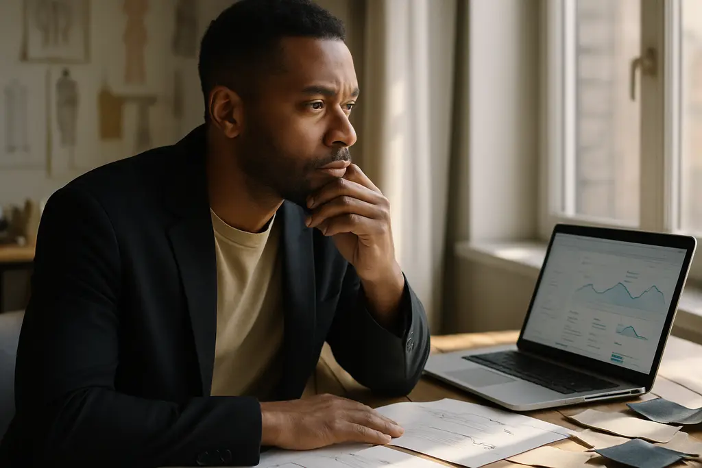 Fashion creator reviews samples for seller commerce strategy planning