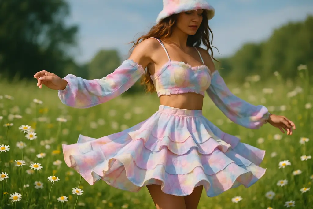 Soft Festival Costumes with sheer layers, crochet trim, and meadow-inspired ruffles