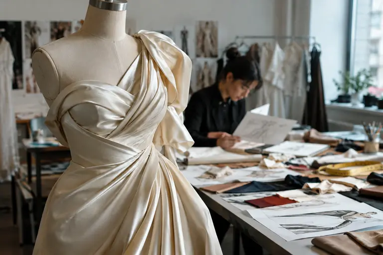 Structured bodice and draped fabric displayed beside sculpture