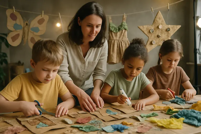 Table with felt, paper cuffs, ribbons, and child-safe costume materials